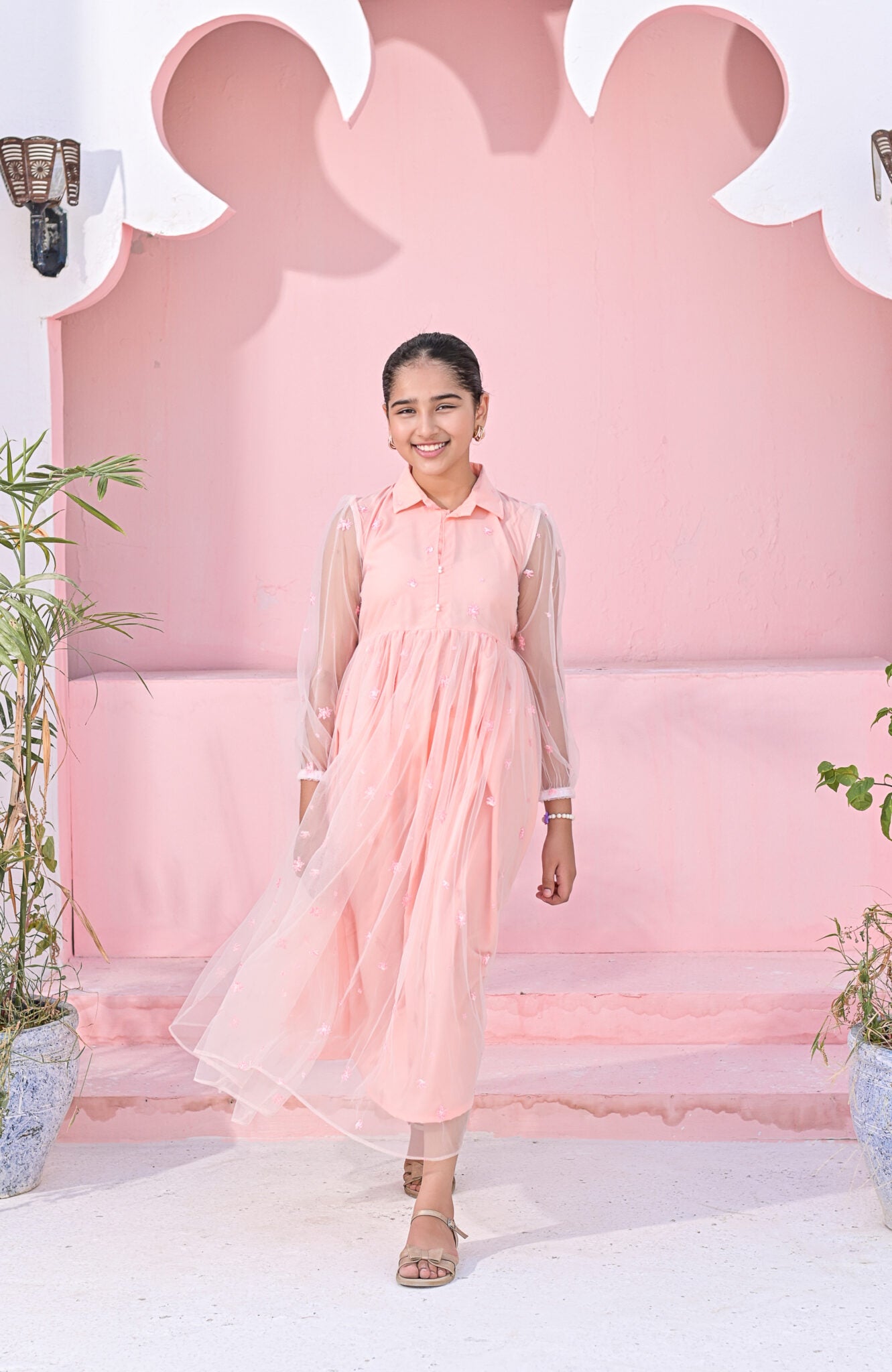 Baby Pink Net Embroidered Frock