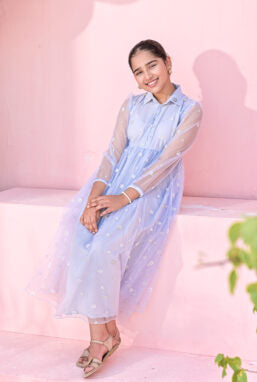 Baby Blue Net Embroidered Frock
